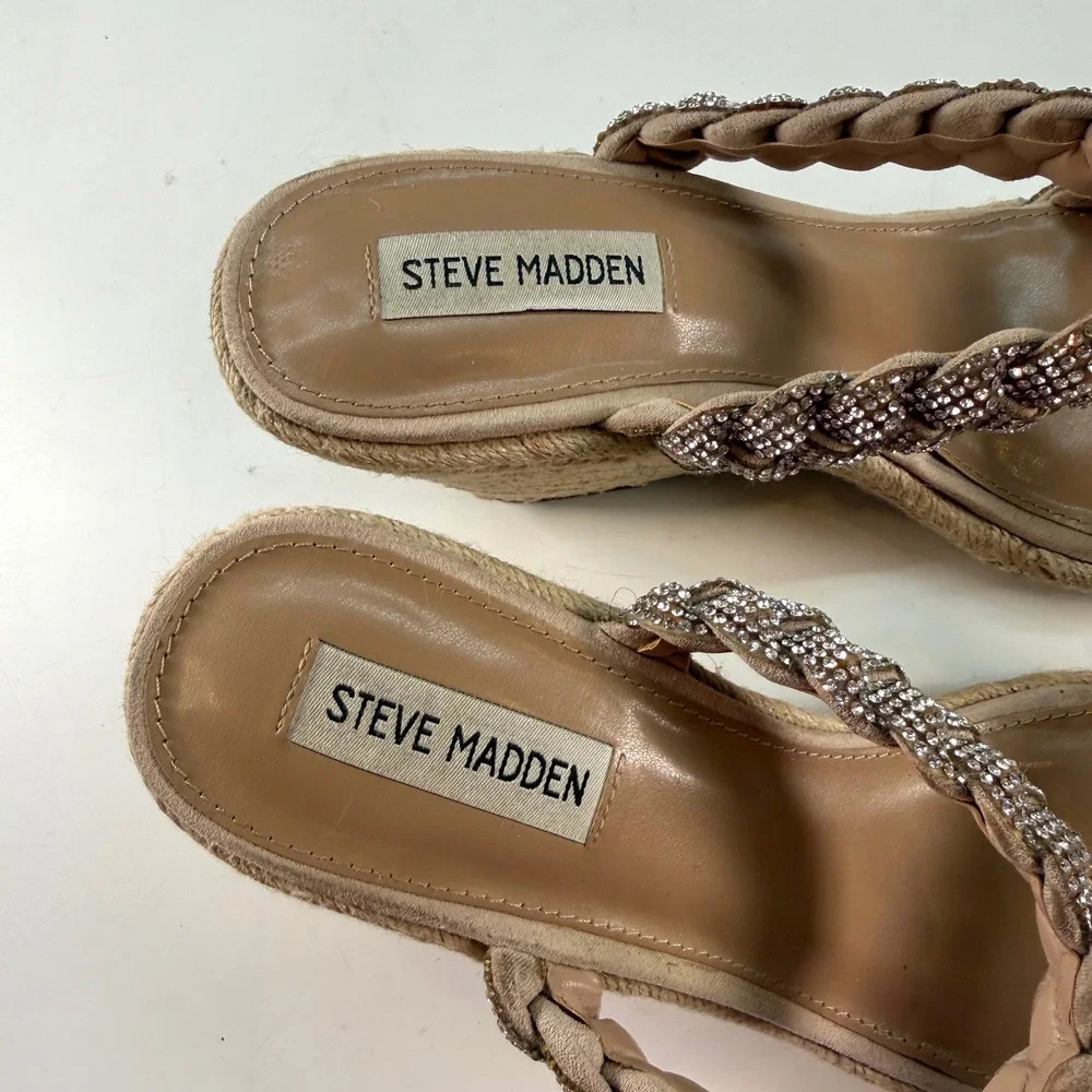 Steve Madden Espadrille Wedge Sandals‎ Rhinestone Braided Straps Size 9.5 Summer